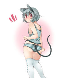 Rule 34 | !, 1girl, akagashi hagane, animal ears, ass, bad id, bad pixiv id, blush, breasts, camisole, clothing cutout, grey hair, looking at viewer, looking back, mouse ears, mouse tail, nazrin, panties, red eyes, short hair, sideboob, simple background, small breasts, solo, tail, tail through clothes, thighhighs, touhou, underwear, underwear only, white background, white thighhighs