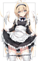 Rule 34 | 1girl, absurdres, ahoge, angel, angel wings, apron, apron lift, black panties, blonde hair, blue bow, blue bowtie, blush, bow, bowtie, clothes lift, frilled apron, frills, garter straps, green eyes, hair between eyes, highres, long hair, long sleeves, looking at viewer, maid, maid apron, maid headdress, original, panties, solo, standing, thighhighs, toshizou (0714), underwear, white thighhighs, wings