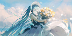 1girl absurdly_long_hair absurdres ahoge aqua_eyes aqua_hair black_bow black_bowtie bonnet bouquet bow bowtie closed_mouth cloud cloudy_sky commentary cowboy_shot day deog3 dress flower hair_between_eyes hatsune_miku highres holding holding_bouquet huge_ahoge light_smile long_hair long_sleeves looking_at_viewer miku_day miku_symphony_(vocaloid) outdoors sky sleeveless sleeveless_dress solo standing very_long_hair white_dress