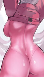 Rule 34 | 1girl, absurdres, alice (nikke), ass, bodysuit, breasts, cropped jacket, from behind, goddess of victory: nikke, grey hair, highres, impossible bodysuit, impossible clothes, jacket, kurono suzuran, large breasts, latex, latex bodysuit, long hair, pink bodysuit, pink jacket, skin tight, solo, twintails