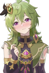 Rule 34 | 1girl, ahoge, amco, blush, bridal gauntlets, capelet, closed mouth, collei (genshin impact), crossed bangs, detached sleeves, earrings, genshin impact, green capelet, green hair, hair between eyes, hair ornament, highres, jewelry, looking at viewer, medium hair, playing with own hair, purple eyes, simple background, single earring, solo, upper body, white background