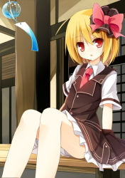 Rule 34 | 1girl, blonde hair, bow, hair bow, looking at viewer, necktie, open mouth, red eyes, red necktie, rumia, shirt, short sleeves, sitting, skirt, solo, touhou, veranda, vest, wind chime, yuuhagi (amaretto-no-natsu)