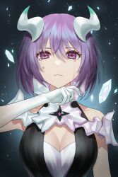 Rule 34 | 1girl, absurdres, another eden, bare shoulders, black dress, breasts, cleavage, closed mouth, crying, crystal, dalmo (pafe2444), dragon girl, dragon horns, dress, elbow gloves, eva (another eden), gloves, hair between eyes, highres, horns, looking at viewer, medium breasts, purple eyes, purple hair, short hair, sleeveless, sleeveless dress, solo, tears, upper body, white gloves