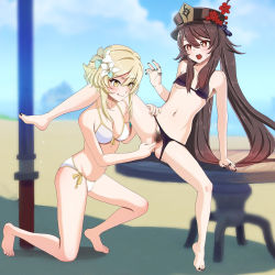 Rule 34 | 2girls, arm support, aruman, bad id, bad pixiv id, beach, bikini, bikini bottom aside, black nails, blonde hair, blue sky, blush, breasts, brown bikini, brown hair, censored, chinese commentary, clothing aside, cloud, cloudy sky, collarbone, commentary, female pubic hair, fingering, flower, flower-shaped pupils, genshin impact, hair between eyes, hair flower, hair ornament, hand on another&#039;s thigh, hand up, hat, hat flower, hat ornament, horizon, hu tao (genshin impact), jewelry, leaning back, licking lips, lily, lily (flower), long hair, looking at another, looking down, lumine (genshin impact), mosaic censoring, mountain, multiple girls, nail polish, navel, ocean, on one knee, open mouth, outdoors, parasol, plum blossoms, porkpie hat, pubic hair, pussy, red eyes, ring, short hair with long locks, side-tie bikini bottom, sidelocks, sky, small breasts, smile, swimsuit, symbol-shaped pupils, table, teeth, tongue, tongue out, twintails, umbrella, upper teeth only, wavy mouth, white bikini, yellow eyes, yuri