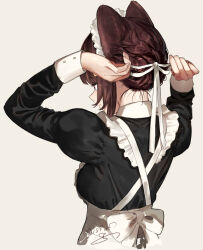 Rule 34 | 1girl, animal ears, apron, arms up, black dress, breasts, brown hair, closed mouth, commentary, cropped torso, dog ears, dress, fang, fang out, from behind, grey background, hair ribbon, highres, inui toko, isshiki (ffmania7), juliet sleeves, long sleeves, maid apron, maid headdress, nijisanji, puffy sleeves, red eyes, ribbon, short hair, signature, simple background, small breasts, smile, solo, symbol-only commentary, upper body, virtual youtuber
