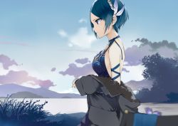 Rule 34 | 10s, 1girl, arm ribbon, backless dress, backless outfit, black hair, blue dress, blue ribbon, breasts, brown eyes, day, dress, feather hair ornament, feathers, from side, feather hair ornament, hayami kanade, highres, idolmaster, idolmaster cinderella girls, medium breasts, outdoors, ribbon, saitou yuu, short hair, sideboob, sky, solo, standing, white feathers