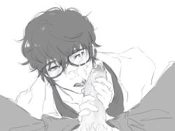 Rule 34 | 2boys, age difference, cum, facial, foreskin, glasses, greyscale, iwai munehisa, licking lips, male focus, megami tensei, monochrome, multiple boys, penis, penis grab, persona, persona 5, solo focus, tongue, tongue out, yaoi