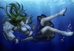 Rule 34 | 1girl, air bubble, breasts, bubble, chien zero, detached sleeves, dress, female focus, floating, floating hair, frog hair ornament, gohei, green eyes, green hair, hair ornament, highres, kochiya sanae, large breasts, long hair, looking at viewer, matching hair/eyes, midriff, navel, oonusa, open mouth, shirt, snake hair ornament, solo, taut clothes, taut shirt, touhou, underwater