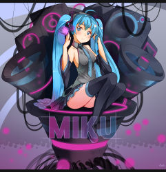 Rule 34 | 1girl, blush, breasts, character name, detached sleeves, hatsune miku, highres, long hair, necktie, nellen, sitting, solo, thighhighs, twintails, very long hair, vocaloid