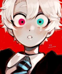 Rule 34 | 1boy, aqua eyes, artist name, black jacket, black necktie, blue necktie, collared shirt, commentary request, dated, highres, jacket, looking at viewer, maddy (minai mosa), male focus, minai mosa, necktie, original, parted lips, pink eyes, red background, shirt, short hair, simple background, striped necktie, tears, twitter username, upper body, white hair, white shirt