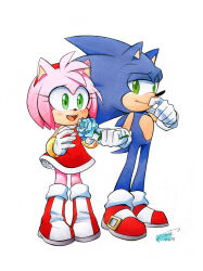 Rule 34 | 1boy, 1girl, amy rose, blue flower, boots, dated, dress, finik, flower, furry, furry female, furry male, gloves, highres, holding, holding flower, red dress, shoes, signature, simple background, sonic (series), sonic the hedgehog, white background, white gloves