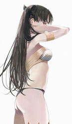 Rule 34 | 1girl, armlet, bare shoulders, bikini, black hair, breasts, earrings, fate/grand order, fate (series), gold trim, hair ribbon, highres, hoop earrings, ishtar (fate), jewelry, long hair, looking at viewer, medium breasts, mismatched bikini, parted bangs, red eyes, ribbon, ryudraw, solo, swimsuit, thighs, two side up
