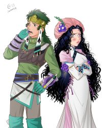 Rule 34 | 1boy, 1girl, autumn-sacura, black eyes, black hair, blush, circlet, constricted pupils, crossed arms, dress, eating, food, food insertion, fruit, gloves, green gloves, green hair, green shirt, grey eyes, hand on own hip, hat, hilda rhambling, lipstick, long hair, makeup, object insertion, open mouth, pink lips, shirt, tales of (series), tales of rebirth, tytree crowe, vambraces, white dress
