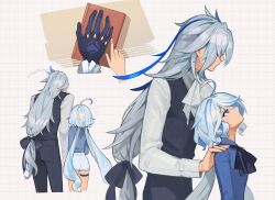 Rule 34 | 1boy, 1girl, ahoge, black bow, black bowtie, black gloves, black pants, black vest, blue eyes, blue hair, blue shirt, book, bow, bowtie, closed mouth, furina (genshin impact), genshin impact, gloves, hair bow, hands on another&#039;s shoulders, highres, long hair, long sleeves, low-tied long hair, low twintails, multicolored hair, neuvillette (genshin impact), pants, shirt, simple background, size difference, streaked hair, twintails, very long hair, vest, white background, white hair, white shirt, xiu xxx wu