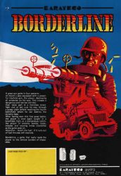 Rule 34 | 1980s (style), arcade cabinet, borderline, copyright name, english text, helmet, highres, jeep, military, military vehicle, motor vehicle, official art, oldschool, retro artstyle, sega, soldier, text focus, turret, vehicle