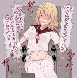 Rule 34 | 1girl, artist name, blonde hair, blush, bow, bow panties, breasts, brown sailor collar, chair, clenched hands, drooling, closed eyes, female focus, frilled panties, frills, gag, gagged, highres, japanese text, laughing, legs together, mechanical arm, mechanical arms, medium breasts, multiple hands, navel, neck ribbon, nobiiru arm, nose blush, original, panties, red ribbon, restrained, ribbon, sailor collar, saliva, school uniform, serafuku, short hair, short sleeves, simple background, single mechanical arm, sitting, solo, speech bubble, sweat, tears, text focus, thighhighs, tickling, tokumeiyade, translation request, trembling, twitter username, underwear, white panties, white sleeves, white thighhighs