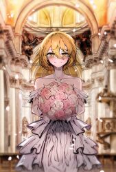 Rule 34 | 1girl, alternate costume, bare shoulders, blonde hair, blurry edges, blush, bouquet, church, collarbone, commission, don quixote (project moon), dress, falling petals, flower, highres, holding, holding bouquet, indoors, layer (layer illust), limbus company, off-shoulder dress, off shoulder, petals, pink flower, pink rose, project moon, rose, short hair, smile, solo, wedding dress, white dress, white flower, white rose, yellow eyes