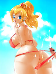 Rule 34 | 1girl, alternate hairstyle, anus, artist request, ass, bad id, bikini, blonde hair, blue eyes, blush, breasts, censored, crown, cum, cum on ass, earrings, covered erect nipples, highres, huge ass, huge breasts, jewelry, looking back, mario (series), nintendo, penis, ponytail, princess, princess peach, pussy, super mario bros. 1, swimsuit, thick thighs, thighs, thong bikini, wide hips