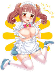 Rule 34 | 1girl, apron, bell, blush, bow, bowtie, breasts, brown eyes, brown hair, cleavage, covered erect nipples, hairband, jingle bell, large breasts, miyano ururu, open mouth, original, shoes, sitting, skirt, solo, thighhighs, twintails, waitress, wariza, zettai ryouiki