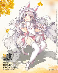 Rule 34 | &gt;:d, + +, 1girl, :d, animal ears, blush, bouquet, bow, breasts, character name, copyright name, dress, fang, flower, footwear bow, full body, garter straps, ginkgo tree, ginkgo leaf, girls&#039; frontline, gloves, high heels, highres, holding, holding bouquet, korean text, leaf, lily (flower), long hair, looking at viewer, medium breasts, official alternate costume, official art, open mouth, p7 (girls&#039; frontline), p7 (pinky swear) (girls&#039; frontline), purple eyes, saru, shadow, shoes, silver hair, silver shoes, smile, solo, swept bangs, symbol-shaped pupils, tail, thick eyebrows, thighhighs, v-shaped eyebrows, veil, white bow, white dress, white flower, white gloves, white thighhighs