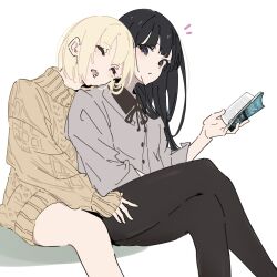 Rule 34 | 2girls, atenaba, bare legs, black hair, black pantyhose, blonde hair, book, brown ribbon, brown sweater, cable knit, closed eyes, collared shirt, drooling, grey shirt, hand on another&#039;s shoulder, hand on another&#039;s thigh, highres, holding, holding book, inoue takina, long hair, long sleeves, lycoris recoil, medium hair, multiple girls, neck ribbon, nishikigi chisato, notice lines, open mouth, pantyhose, parted lips, purple eyes, ribbon, shirt, simple background, sitting, sleeping, sleeves past wrists, sweater, white background, yuri