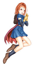 Rule 34 | 1girl, backpack, bag, barbara (dq6), cape, dragon quest, dragon quest vi, earrings, female focus, gloves, high ponytail, jewelry, looking at viewer, open mouth, orange hair, red eyes, simple background, solo, st.germain-sal, white background