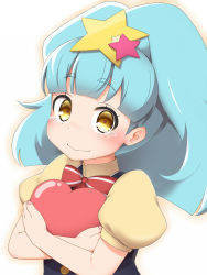 Rule 34 | 10s, 1girl, blue hair, bow, closed mouth, fingernails, hair ornament, heart, hinotama (hinotama422), hoshikawa lily, long hair, looking at viewer, ponytail, puffy short sleeves, puffy sleeves, red bow, short sleeves, smile, solo, star (symbol), star hair ornament, striped, striped bow, tears, turtleneck, upper body, white background, wide ponytail, yellow eyes, zombie land saga