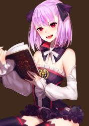 Rule 34 | 1girl, bare shoulders, blush, book, detached collar, detached sleeves, dress, fate/grand order, fate (series), hair ribbon, helena blavatsky (fate), highres, holding, holding book, looking at viewer, pink eyes, purple hair, rahato, ribbon, short hair, sitting, solo