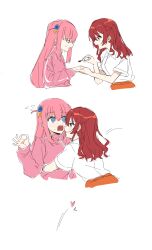 Rule 34 | 2girls, absurdres, applying makeup, blush, bocchi the rock!, commentary request, danji bang, embarrassed, gotoh hitori, heart, highres, hug, jacket, kita ikuyo, korean commentary, long hair, long sleeves, motion lines, multiple girls, ok sign, one side up, open mouth, pink hair, pink jacket, red hair, shirt, short sleeves, simple background, smile, sweat, track jacket, white background, white shirt, yuri