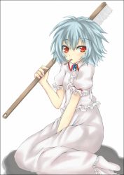 Rule 34 | 1girl, blue hair, female focus, lingerie, mouth hold, nightgown, red eyes, remilia scarlet, shingetsu takehito, solo, toothbrush, touhou, underwear, white background
