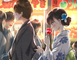 Rule 34 | 2boys, 4girls, arms up, blurry, blurry background, blush, bracelet, brown eyes, brown hair, candy apple, clothes grab, commentary request, festival, floral print, flower, food, food stand, from side, frown, hair bun, hair flower, hair ornament, head tilt, highres, holding, holding food, japanese clothes, jewelry, kimono, looking down, looking to the side, multiple boys, multiple girls, obi, original, sash, signature, single hair bun, soragane (banisinngurei), standing, upper body, yukata
