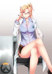 Rule 34 | 1girl, adjusting eyewear, black skirt, blonde hair, blue eyes, blue shirt, blush, breast pocket, breasts, button gap, buttons, chair, cleavage, closed mouth, coat, crossed legs, desk, doctor, dress shirt, feet out of frame, glasses, hair tie, highres, holding, holding pencil, id card, lab coat, large breasts, long hair, long sleeves, looking at viewer, megatama, mercy (overwatch), miniskirt, office chair, open clothes, open coat, overwatch, overwatch (logo), overwatch 1, pencil, pocket, ponytail, red-framed eyewear, semi-rimless eyewear, shirt, side slit, sitting, skirt, smile, solo, swivel chair, white coat