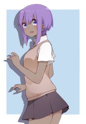 Rule 34 | 1girl, :d, black skirt, blue background, blush, breasts, collared shirt, dark-skinned female, dark skin, drop shadow, fate/prototype, fate/prototype: fragments of blue and silver, fate (series), hair between eyes, hand up, hassan of serenity (fate), i.u.y, looking at viewer, looking to the side, open mouth, pleated skirt, purple eyes, purple hair, school uniform, shirt, sidelocks, skirt, small breasts, smile, solo, sweater vest, two-tone background, white background, white shirt