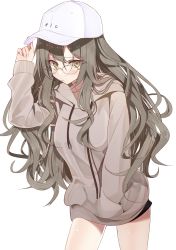 Rule 34 | 1girl, alternate costume, arm up, baseball cap, blush, brown eyes, brown hair, brown hoodie, character name, closed mouth, clothes writing, commentary request, drawstring, futaba rio, glasses, hair between eyes, hand in pocket, hand on headwear, hat, highres, hood, hood down, hoodie, long sleeves, seishun buta yarou, shirousa, simple background, sleeves past wrists, solo, white background, white hat