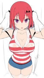 Rule 34 | 1girl, bra visible through clothes, breasts, cleavage, curvy, denim, denim shorts, drying, drying hair, gabriel dropout, greatmosu, hair ornament, highres, large breasts, looking at viewer, open mouth, purple eyes, red hair, satanichia kurumizawa mcdowell, shirt, short shorts, shorts, simple background, striped clothes, striped shirt, thick thighs, thigh gap, thighhighs, thighs, wet, wet clothes, wet hair, white thighhighs
