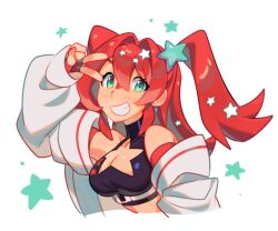 Rule 34 | 1girl, borrowed character, breasts, cleavage, cleavage cutout, clothing cutout, commentary, constellor, crop top, earrings, eyebrows hidden by hair, green eyes, grin, hair ornament, highres, jewelry, large breasts, lyra (kaatokun), midriff, original, red hair, smile, solo, star (symbol), star cutout, star hair ornament, turtleneck, two side up, upper body, v