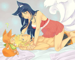 Rule 34 | ahri (league of legends), animal ears, baby, babydoll, bed, black hair, blonde hair, crossover, facial mark, fox ears, fox tail, if they mated, league of legends, linart, lingerie, naruto, naruto (series), nightgown, power connection, riot games, tail, trait connection, underwear, uzumaki naruto, whisker markings