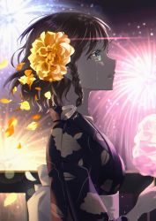 Rule 34 | 1girl, aerial fireworks, black hair, black kimono, braid, breasts, commentary request, cotton candy, crying, crying with eyes open, fireworks, flower, food, from side, green eyes, hair flower, hair ornament, highres, holding, holding food, hyonee, japanese clothes, kimono, night, night sky, obi, orange flower, original, outdoors, parted lips, petals, print kimono, profile, railing, sash, side braid, single braid, sky, small breasts, solo, summer festival, tears, teeth, upper body, upper teeth only