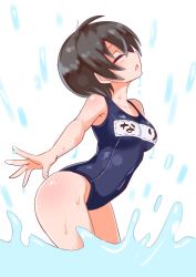 Rule 34 | 1girl, black hair, breasts, cougar (cougar1404), closed eyes, medium breasts, nari (cougar1404), one-piece swimsuit, open mouth, short hair, solo, swimsuit, translated, water, wet