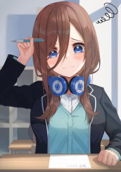 Rule 34 | 1girl, absurdres, arm up, black jacket, blue cardigan, blue eyes, blush, breasts, brown hair, cardigan, classroom, desk, go-toubun no hanayome, hair between eyes, hand up, headphones, headphones around neck, highres, hiyoku, holding, holding pencil, indoors, jacket, large breasts, long hair, long sleeves, nakano miku, open clothes, open jacket, paper, pencil, school desk, school uniform, shirt, solo, squiggle, academic test, upper body, wavy mouth, white shirt