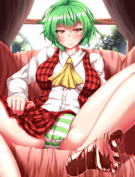 Rule 34 | 1girl, ascot, barefoot, blush, breasts, cameltoe, chair, chocolate, chocolate covered, chocolate on foot, clothes lift, commentary request, curtains, feet, green hair, highres, kazami yuuka, large breasts, long sleeves, open clothes, open vest, outstretched foot, panties, red eyes, shirt, sitting, skirt, skirt lift, soles, solo, spread legs, striped clothes, striped panties, toes, touhou, underwear, valentine, vest, window, zan (harukahime)
