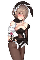 Rule 34 | 1girl, absurdres, adapted costume, animal ears, black gloves, black leotard, black pantyhose, blush, breasts, brown hair, cleavage, closed mouth, cow, detached sleeves, fake animal ears, gloves, hair over one eye, highleg, highleg leotard, highres, honkai (series), honkai impact 3rd, large breasts, leotard, looking at viewer, mole, mole under eye, pantyhose, playboy bunny, rabbit ears, red eyes, rita rossweisse, rita rossweisse (umbral rose), ruo zhishi chu jian, short hair, solo, white background