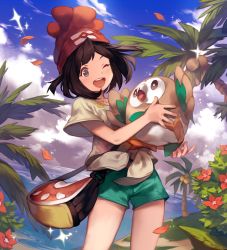 Rule 34 | 1girl, ;d, aqua shorts, bag, beach, beanie, black hair, blue sky, bush, cloud, cloudy sky, coconut, coconut tree, collarbone, cowboy shot, creatures (company), day, eyelashes, flat chest, floral print, flower, front-tie top, game freak, gen 7 pokemon, grey eyes, happy, hat, highres, holding, horizon, lee hyeseung, legs apart, light particles, nintendo, ocean, one eye closed, open mouth, outdoors, palm tree, paw print, petals, pokemon, pokemon (creature), pokemon sm, print shirt, red flower, red hat, rowlet, selene (pokemon), shirt, short hair, short shorts, short sleeves, shorts, shoulder bag, sky, smile, sparkle, spread fingers, standing, swept bangs, teeth, tied shirt, tree