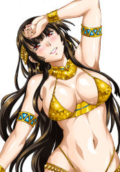 Rule 34 | 1girl, black hair, breasts, cleavage, cleopatra (patra to tetsujuuji), earrings, egyptian, jewelry, large breasts, lipstick, long hair, makeup, manabe jouji, navel, official art, patra to tetsujuuji, red eyes, revealing clothes