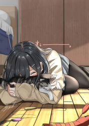 Rule 34 | 1girl, animal, animal hug, black hair, black pantyhose, blurry, blurry background, blush, brown sweater, cat, closed eyes, commentary request, day, grey skirt, hair ornament, hairclip, highres, indoors, long hair, long sleeves, lying, on floor, on ground, original, pantyhose, pleated skirt, school uniform, signature, skirt, sleeves past wrists, solo, soragane (banisinngurei), sunlight, sweater, translation request, uniform