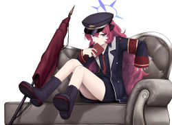 Rule 34 | 1girl, absurdres, aimpoleume, armband, black ribbon, black shirt, blouse, blue archive, book, book to mouth, boots, coach, flag, flagpole, halo, hat, highres, holding, holding book, iroha (blue archive), jacket, military, military hat, military jacket, military uniform, necktie, open clothes, open jacket, peaked cap, red hair, red necktie, ribbon, safety pin, shirt, sitting, solo, table, thighs, uniform