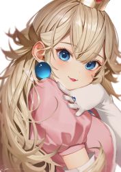 Rule 34 | 1girl, blonde hair, blue eyes, blush, breasts, earrings, elbow gloves, from side, gloves, hand up, highres, jewelry, lips, long hair, looking at viewer, looking to the side, mario (series), nintendo, parted lips, pink shirt, princess peach, puffy short sleeves, puffy sleeves, ring, ryota (ry o ta), shirt, short sleeves, signature, simple background, smile, solo, sphere earrings, upper body, white background, white gloves