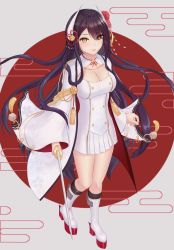 Rule 34 | 1girl, aiguillette, azur lane, black hair, blush, boots, breasts, cape, cleavage, closed mouth, eyes visible through hair, flower, full body, hair flower, hair ornament, hiei (azur lane), high heels, highres, holding, holding sword, holding weapon, horns, japanese flag, krisyyy, large breasts, long hair, long sleeves, looking at viewer, military, military uniform, red flower, ship, simple background, skirt, smile, solo, standing, sword, thigh boots, thighhighs, thighs, uniform, very long hair, watercraft, weapon, white background, white uniform, wide sleeves, yellow eyes