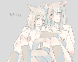 Rule 34 | 2girls, animal ears, cat ears, cat girl, cat tail, collared shirt, commentary request, grey background, grey eyes, grey hair, grey legwear, holding, holding with tail, inutose, kneehighs, light blush, long hair, multiple girls, open mouth, original, prehensile tail, school uniform, shirt, short sleeves, simple background, sitting, socks, tail, translation request, white shirt, yuri