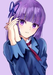 Rule 34 | 1girl, absurdres, aikatsu!, aikatsu! (series), blunt bangs, blush, eyes visible through hair, hair between eyes, hair ribbon, hands up, highres, hikami sumire, looking at viewer, nail polish, open mouth, own hands clasped, own hands together, purple background, purple eyes, purple hair, purple nails, ribbon, school uniform, simple background, temple circle